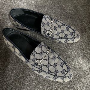 Gucci Navy Canvas Logo Horsebit Jordaan Loafer 39 Like New